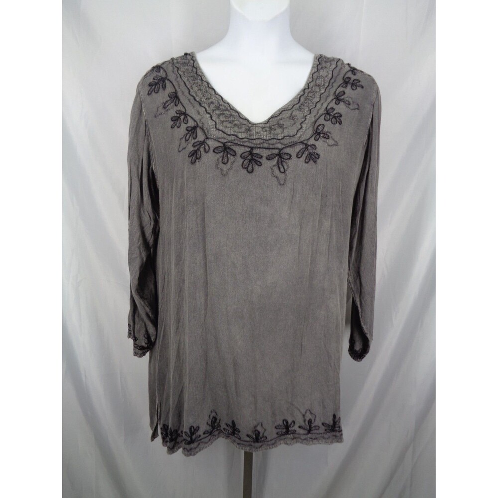 Anandas Collection Gray Embroidered Tab Sleeve Tunic Top Plus One Size New